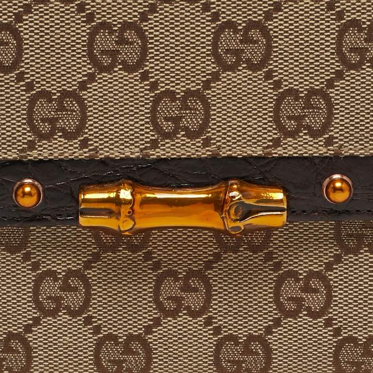 Pre Owned Gucci Bamboo Bar Beige/Brown GG Canvas and Croc Embossed Leather French Wallet