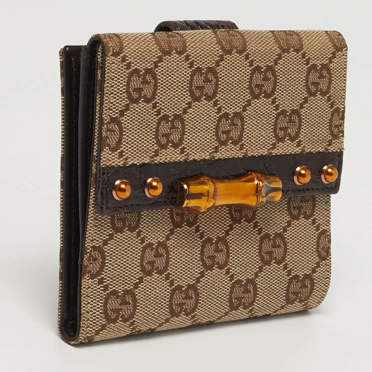 Pre Owned Gucci Bamboo Bar Beige/Brown GG Canvas and Croc Embossed Leather French Wallet