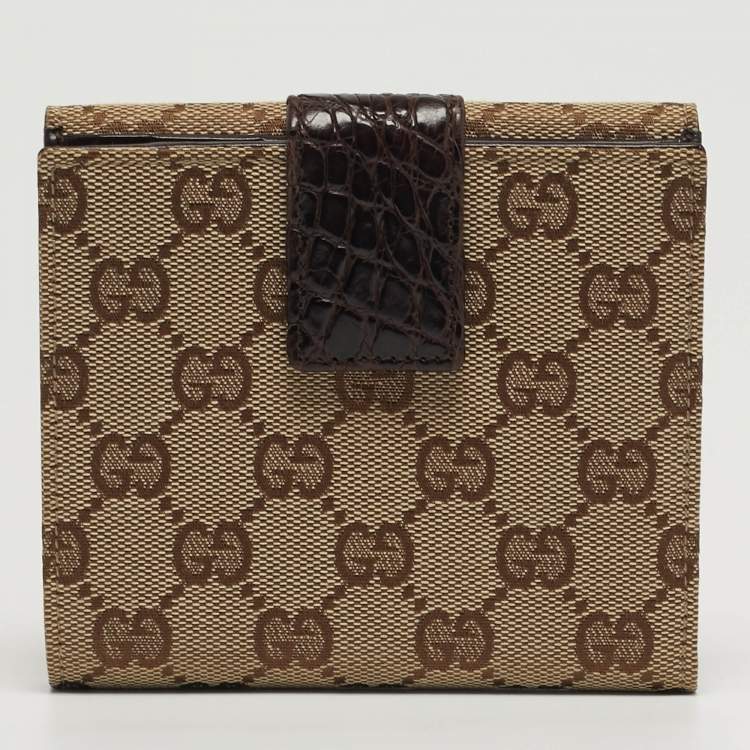 Pre Owned Gucci Bamboo Bar Beige/Brown GG Canvas and Croc Embossed Leather French Wallet
