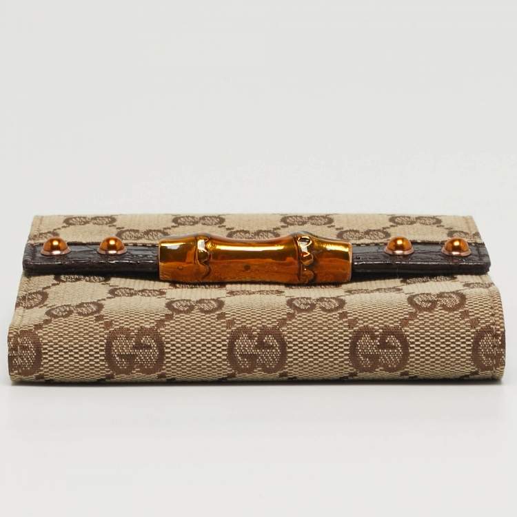 Pre Owned Gucci Bamboo Bar Beige/Brown GG Canvas and Croc Embossed Leather French Wallet