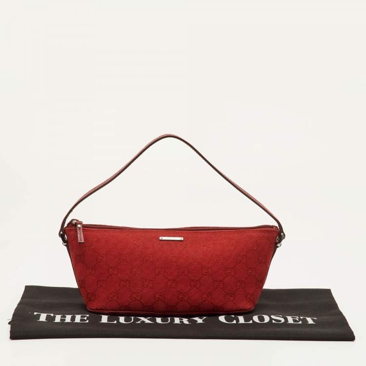 Pre Owned Gucci Boat Red GG Canvas and Leather Baguette