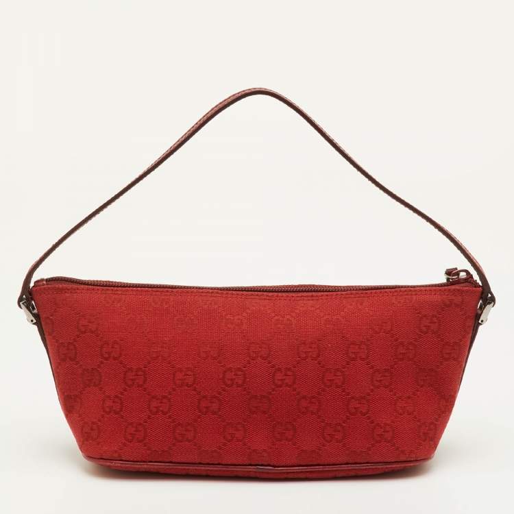 Pre Owned Gucci Boat Red GG Canvas and Leather Baguette