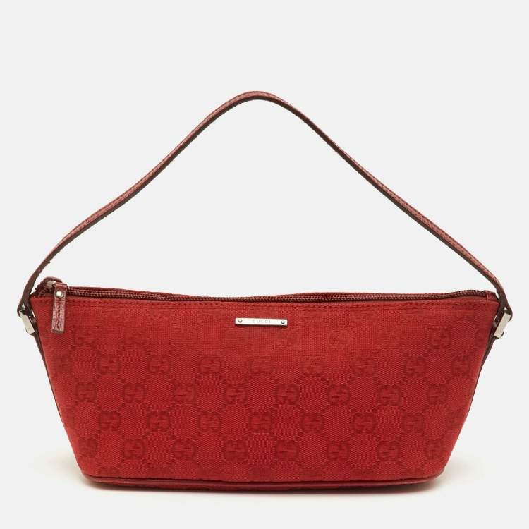 Pre Owned Gucci Boat Red GG Canvas and Leather Baguette