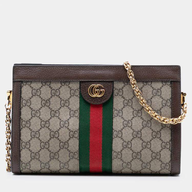 Pre Owned Gucci Brown Small GG Supreme Web Ophidia Chain Crossbody