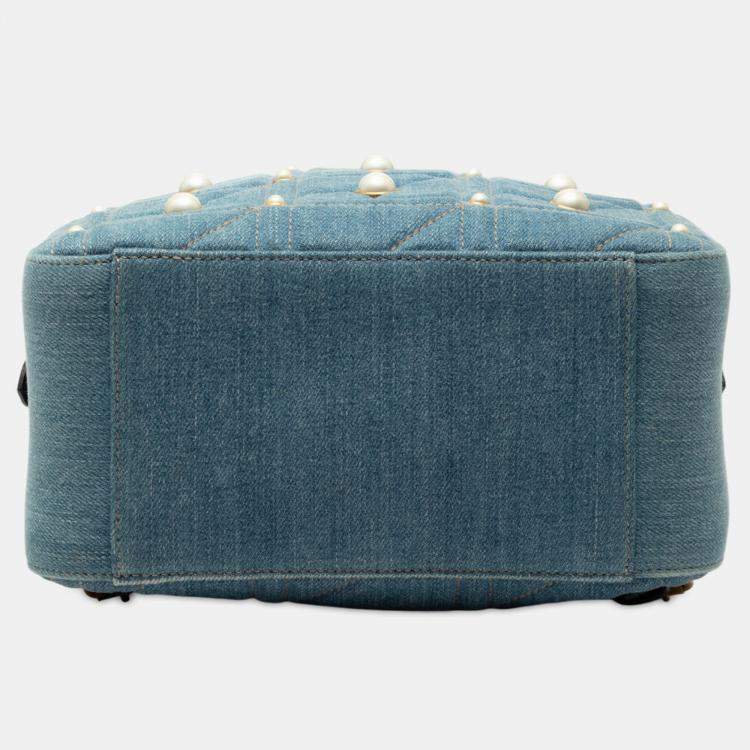 مملوكة مسبقًا Gucci Blue Small GG Marmont Pearl Studded Matelasse Denim Backpack