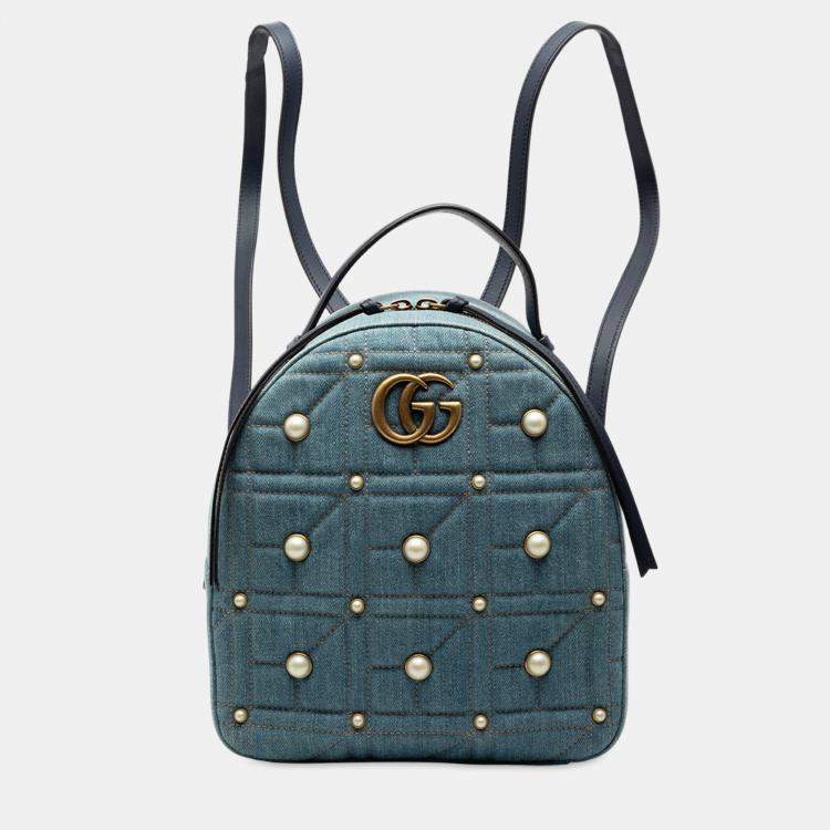 مملوكة مسبقًا Gucci Blue Small GG Marmont Pearl Studded Matelasse Denim Backpack