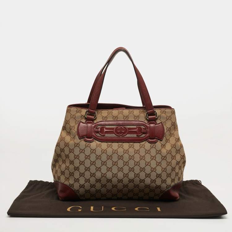 Pre Owned Gucci Supreme Web Dressage Dark Medium Red/Beige GG Canvas and Leather Tote