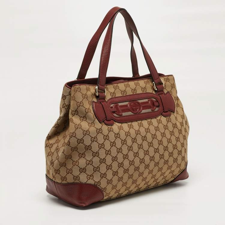 Pre Owned Gucci Supreme Web Dressage Dark Medium Red/Beige GG Canvas and Leather Tote