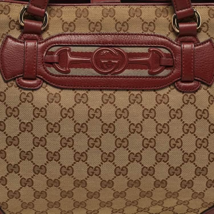 Pre Owned Gucci Supreme Web Dressage Dark Medium Red/Beige GG Canvas and Leather Tote