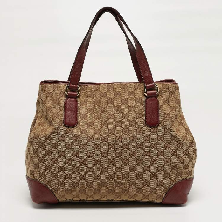 Pre Owned Gucci Supreme Web Dressage Dark Medium Red/Beige GG Canvas and Leather Tote