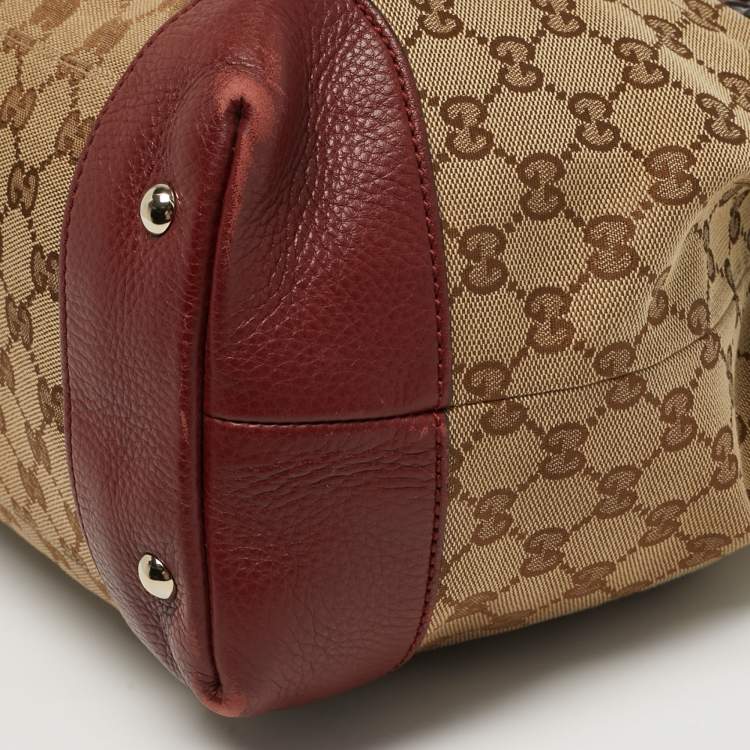 Pre Owned Gucci Supreme Web Dressage Dark Medium Red/Beige GG Canvas and Leather Tote