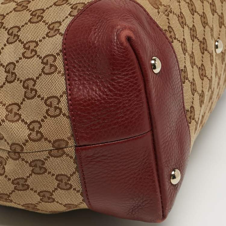 Pre Owned Gucci Supreme Web Dressage Dark Medium Red/Beige GG Canvas and Leather Tote