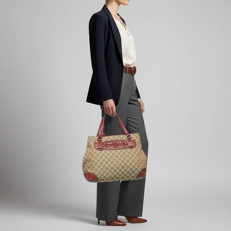 Pre Owned Gucci Supreme Web Dressage Dark Medium Red/Beige GG Canvas and Leather Tote