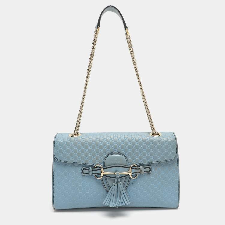 Pre Owned Gucci Emily Medium Light Blue Microguccissima Leather Shoulder Bag