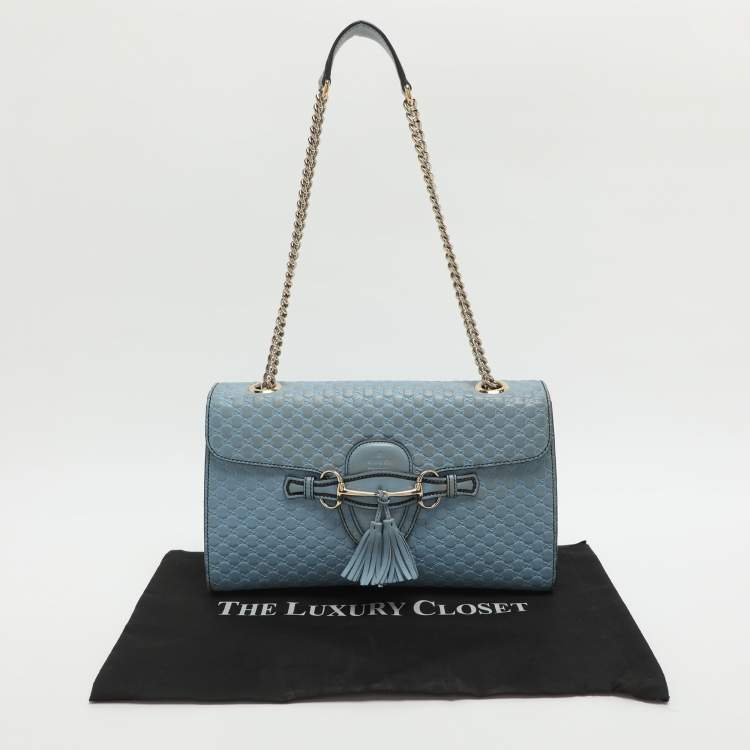 Pre Owned Gucci Emily Medium Light Blue Microguccissima Leather Shoulder Bag