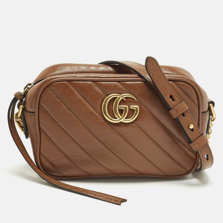 Pre Owned Gucci GG Marmont Mini Brown Diagonal Matelasse Leather Camera Bag