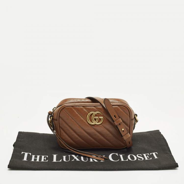Pre Owned Gucci GG Marmont Mini Brown Diagonal Matelasse Leather Camera Bag
