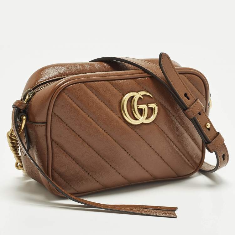 Pre Owned Gucci GG Marmont Mini Brown Diagonal Matelasse Leather Camera Bag