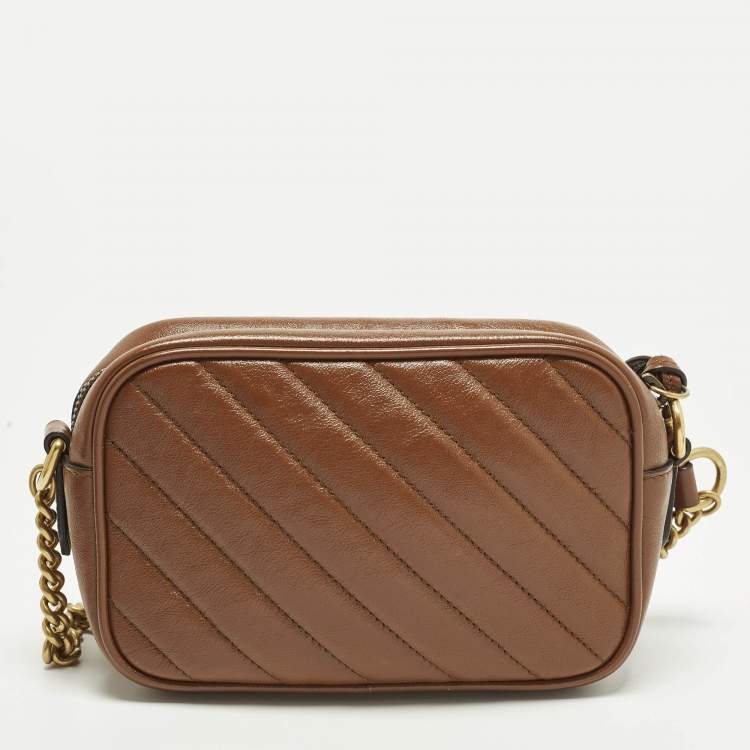 Pre Owned Gucci GG Marmont Mini Brown Diagonal Matelasse Leather Camera Bag