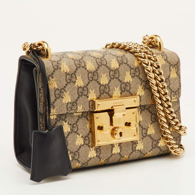 Pre Owned Gucci Padlock Small Black/Beige GG Supreme Canvas and Leather Shoulder Bag