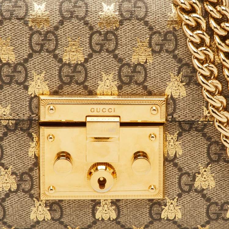 Pre Owned Gucci Padlock Small Black/Beige GG Supreme Canvas and Leather Shoulder Bag
