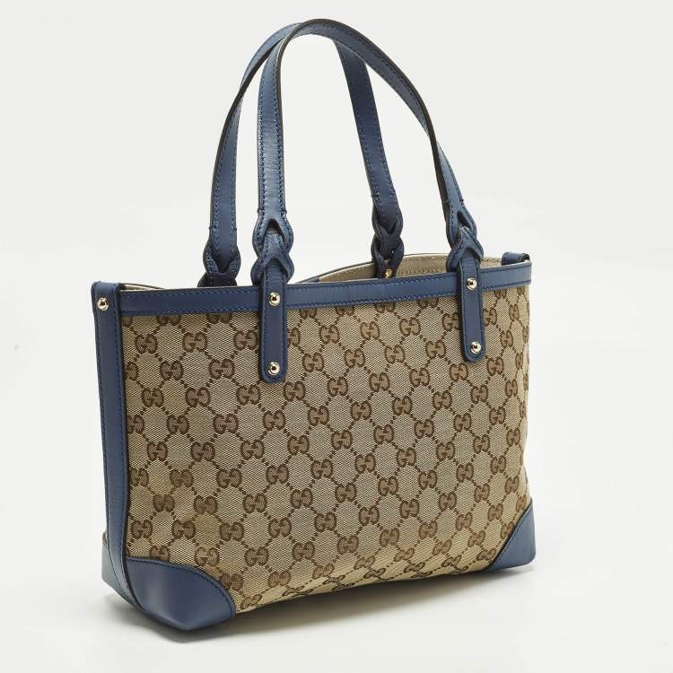 Pre Owned Gucci Craft Small Blue/Beige GG Canvas and Leather Tote