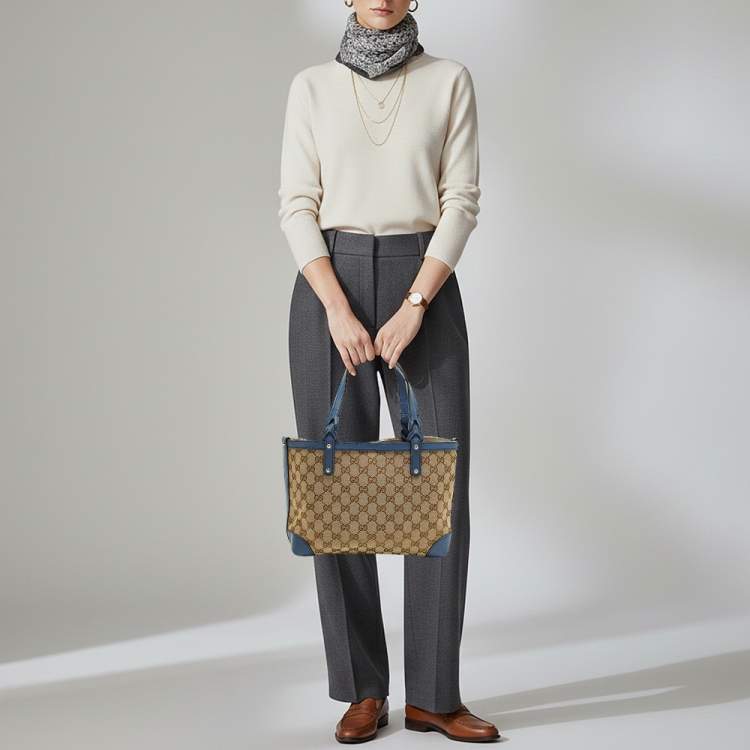 Pre Owned Gucci Craft Small Blue/Beige GG Canvas and Leather Tote