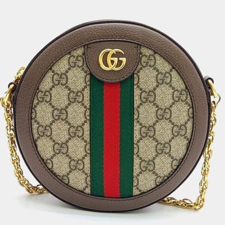 Pre Owned Gucci Beige Brown PVC Ophidia Mini GG Round Shoulder Bag