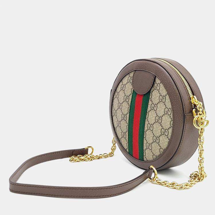 Pre Owned Gucci Beige Brown PVC Ophidia Mini GG Round Shoulder Bag