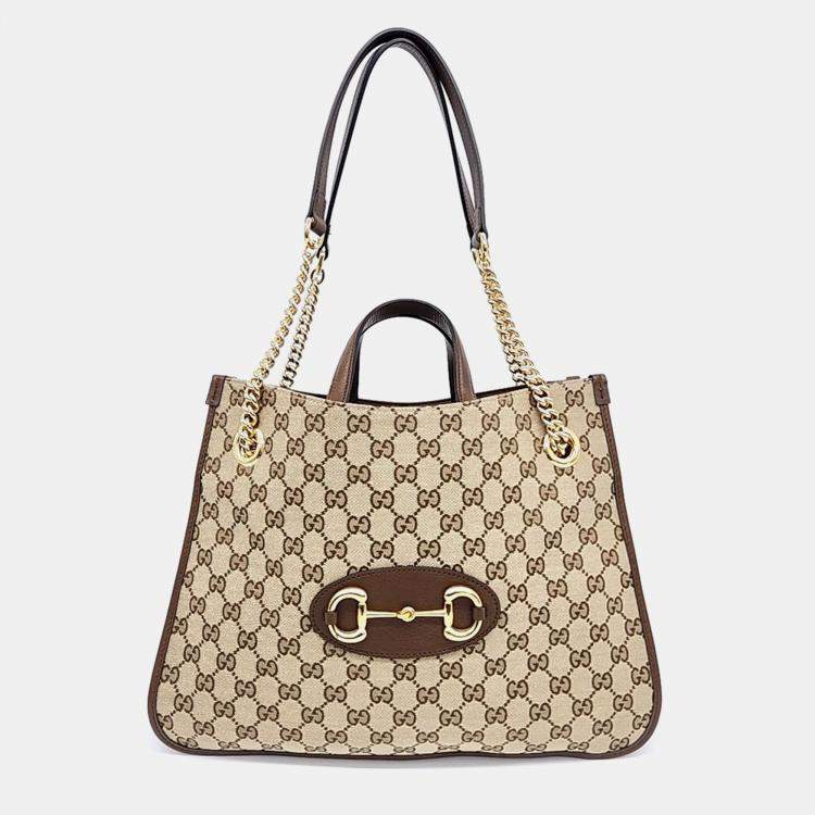 Pre Owned Gucci Beige/Brown Canvas 1955 Horsebit Medium Tote Bag