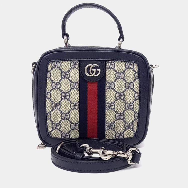 Pre Owned Gucci Navy Blue Canvas Ophidia GG Top Handle Bag Mini