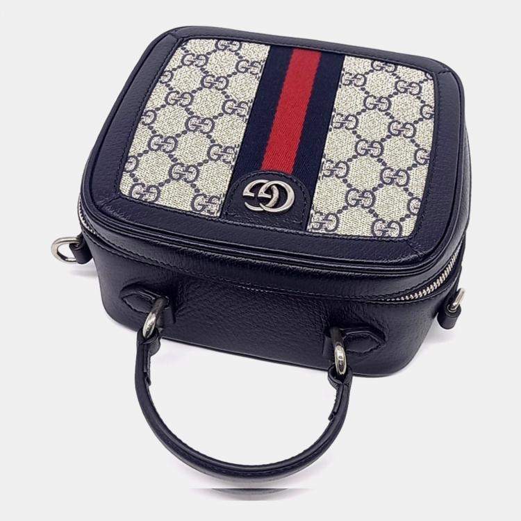 Pre Owned Gucci Navy Blue Canvas Ophidia GG Top Handle Bag Mini