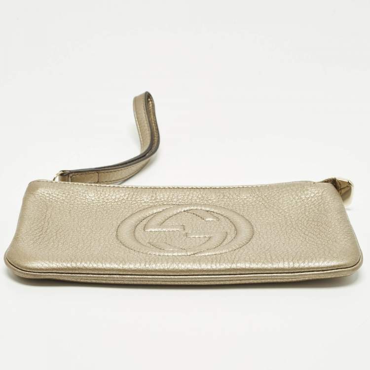 Pre Owned Gucci Soho Metallic Beige Leather Wristlet Clutch