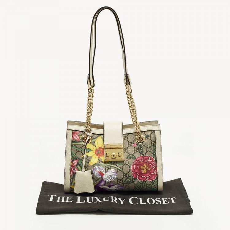 Pre Owned Gucci Padlock Small Beige/Off White Flora GG Supreme Canvas Tote