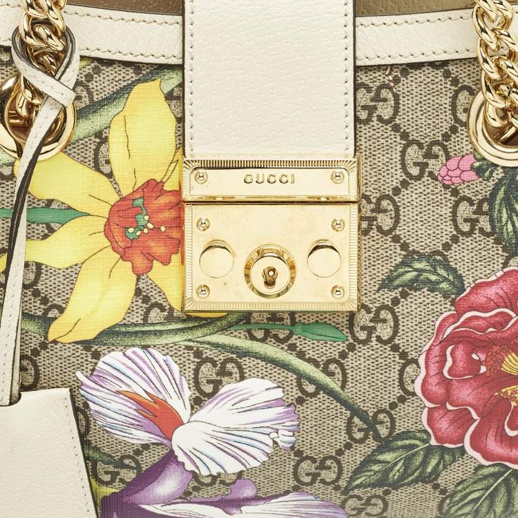 Pre Owned Gucci Padlock Small Beige/Off White Flora GG Supreme Canvas Tote