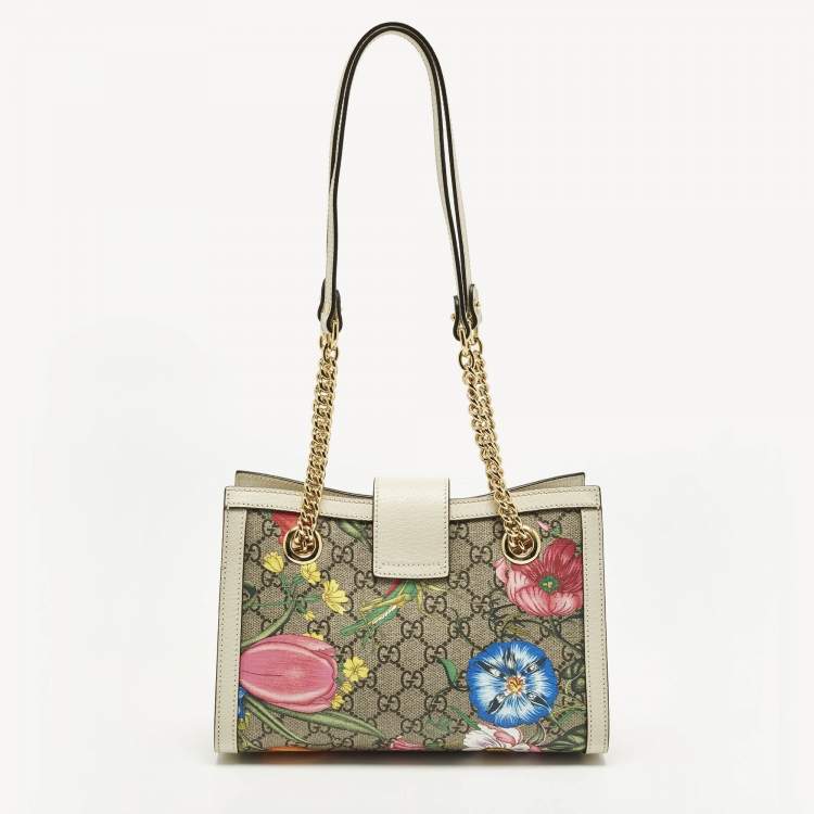 Pre Owned Gucci Padlock Small Beige/Off White Flora GG Supreme Canvas Tote