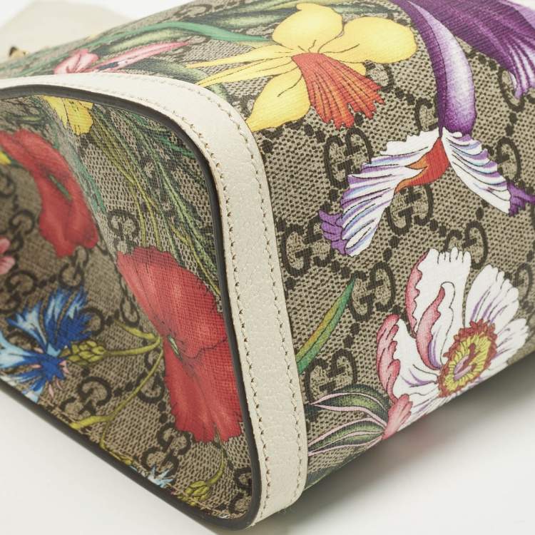 Pre Owned Gucci Padlock Small Beige/Off White Flora GG Supreme Canvas Tote