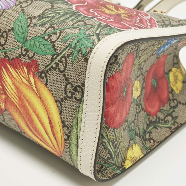 Pre Owned Gucci Padlock Small Beige/Off White Flora GG Supreme Canvas Tote
