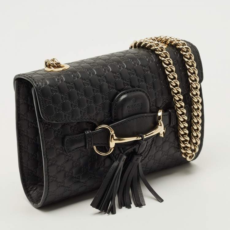 Pre Owned Gucci Emily Mini Black Microguccissima Leather Chain Crossbody Bag