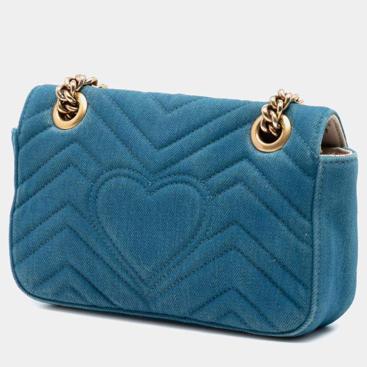 Pre Owned Gucci Blue Small GG Marmont Matelasse Denim Pearly Shoulder Bag