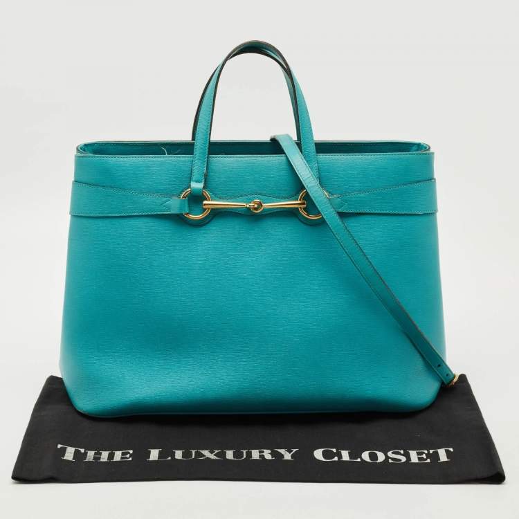 Pre Owned Gucci Bright Bit Large Turquoise Leather Tote
