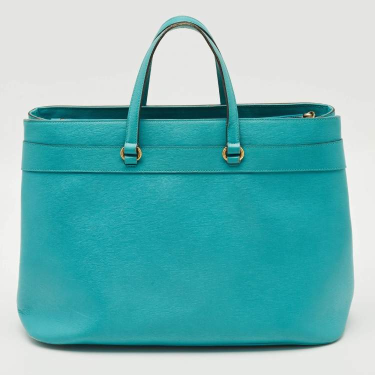 Pre Owned Gucci Bright Bit Large Turquoise Leather Tote