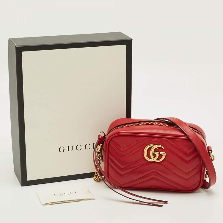 Pre Owned Gucci GG Marmont Mini Red Matelassé Leather Camera Bag