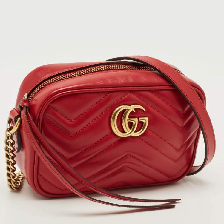 Pre Owned Gucci GG Marmont Mini Red Matelassé Leather Camera Bag