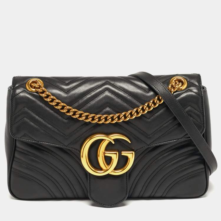 Pre Owned Gucci GG Marmont Medium Black Matelassé Leather Shoulder Bag