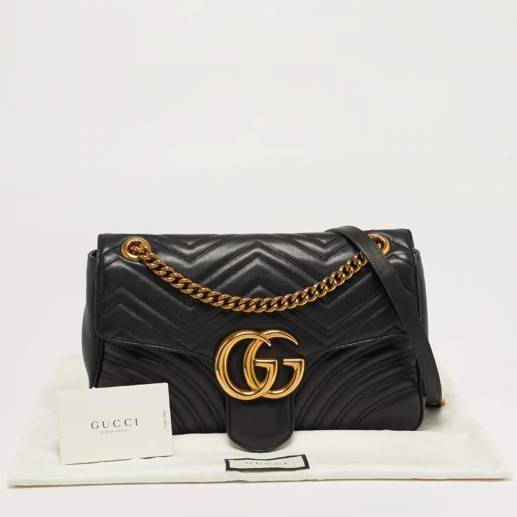 Pre Owned Gucci GG Marmont Medium Black Matelassé Leather Shoulder Bag