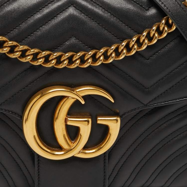 Pre Owned Gucci GG Marmont Medium Black Matelassé Leather Shoulder Bag