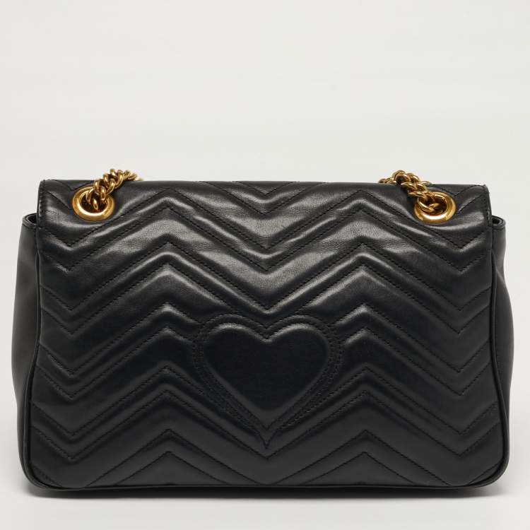 Pre Owned Gucci GG Marmont Medium Black Matelassé Leather Shoulder Bag