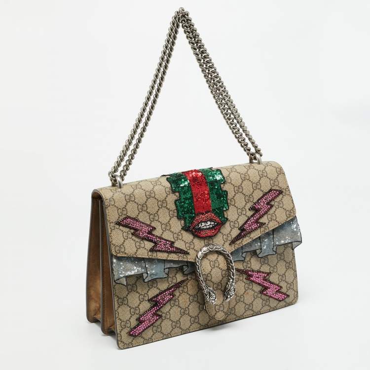 Pre Owned Gucci Embellished Patch Dionysus Medium Beige GG Supreme Canvas and Suede Shoulder Bag