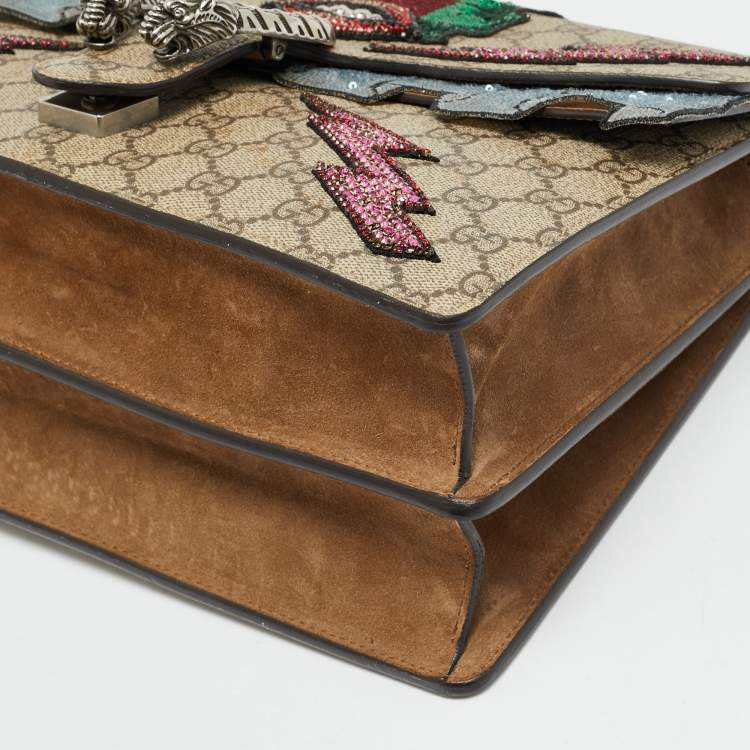 Pre Owned Gucci Embellished Patch Dionysus Medium Beige GG Supreme Canvas and Suede Shoulder Bag